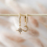 Moon &amp; Star Hoop Earrings "Zirconia" Gold