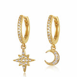 Boucles d'Oreilles Créoles Lune &amp; Étoile "Zircone" Or