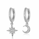 Moon &amp; Star Hoop Earrings "Zirconia" Silver