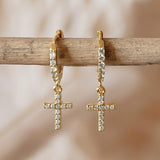 Boucles d'Oreilles Croix Zircon Or