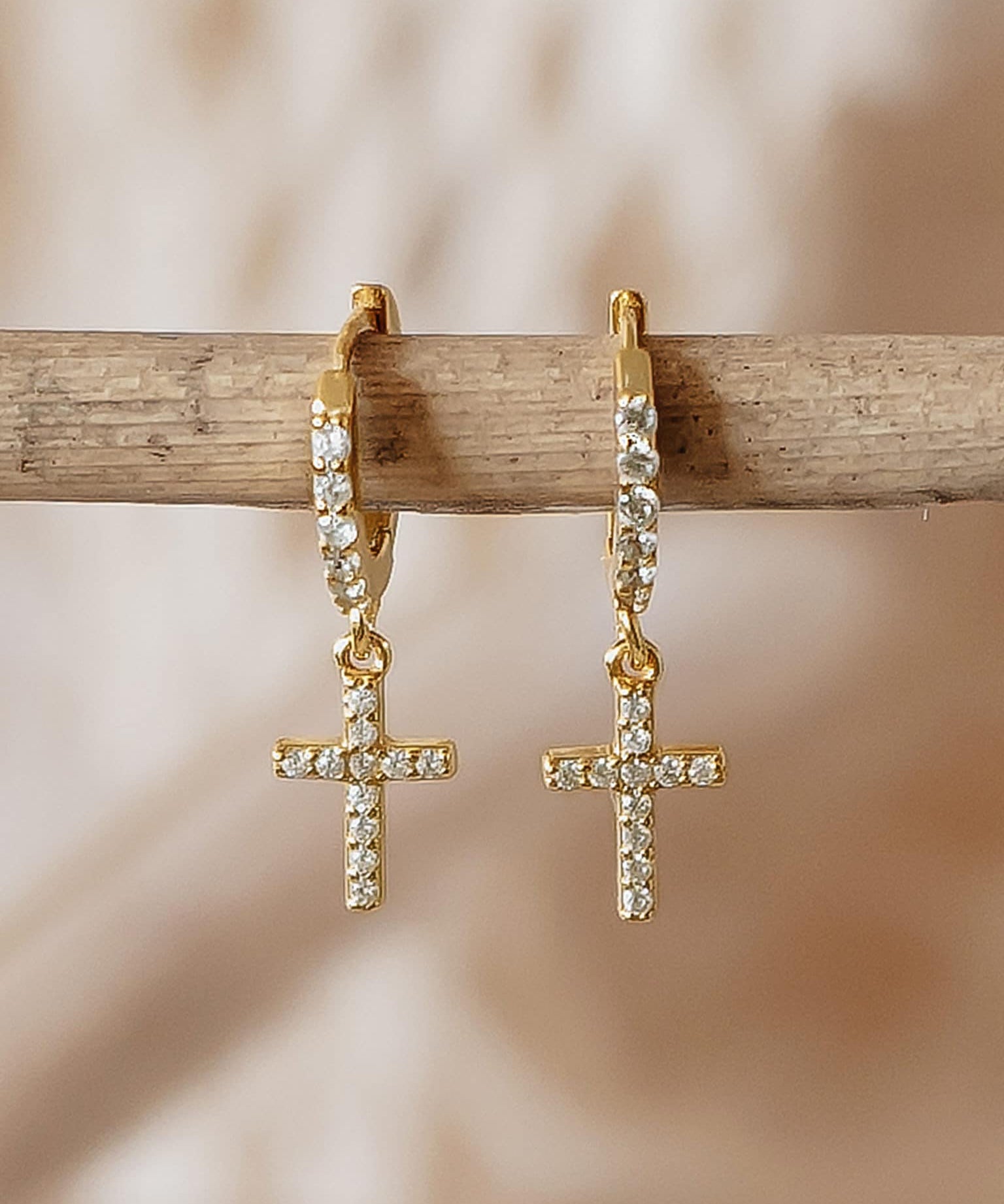 Zirconia Cross Hoops Gold