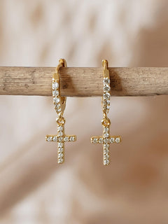 Boucles d'Oreilles Croix Zircon Or